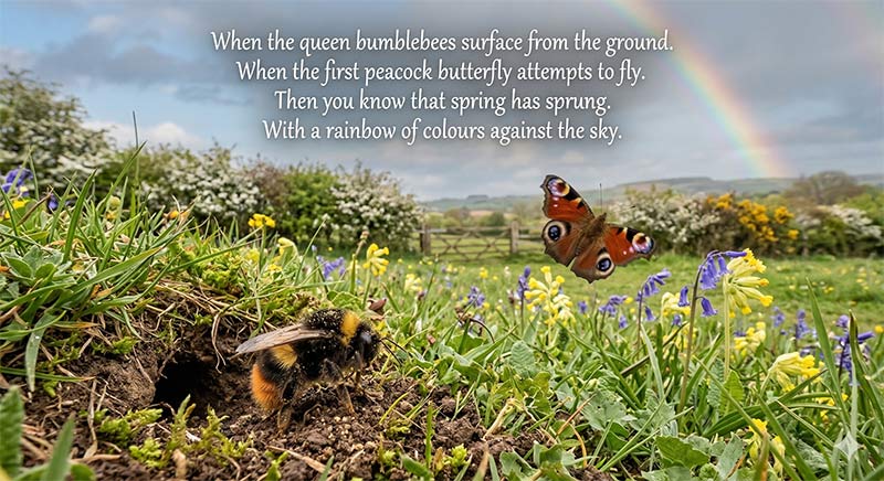 Poem about Queen Bumblebees awaking and Butterflies fling in eary spring